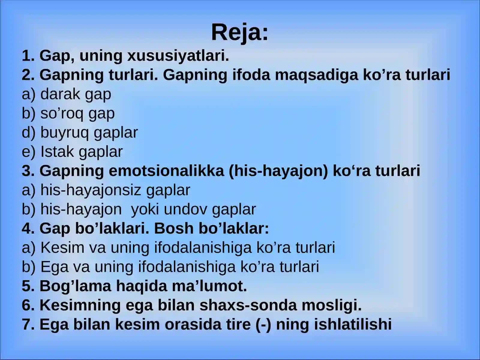 Gap bo‘laklari. Bosh bo‘laklar. Ega, uning ifodalanishi. Kеsim, uning ifodalanishi, turlari. Kеsimning ega bilan shaxs va sonda mosligi.Ega bilan kеsim orasida tirе(-)ning ishlatilishi 2