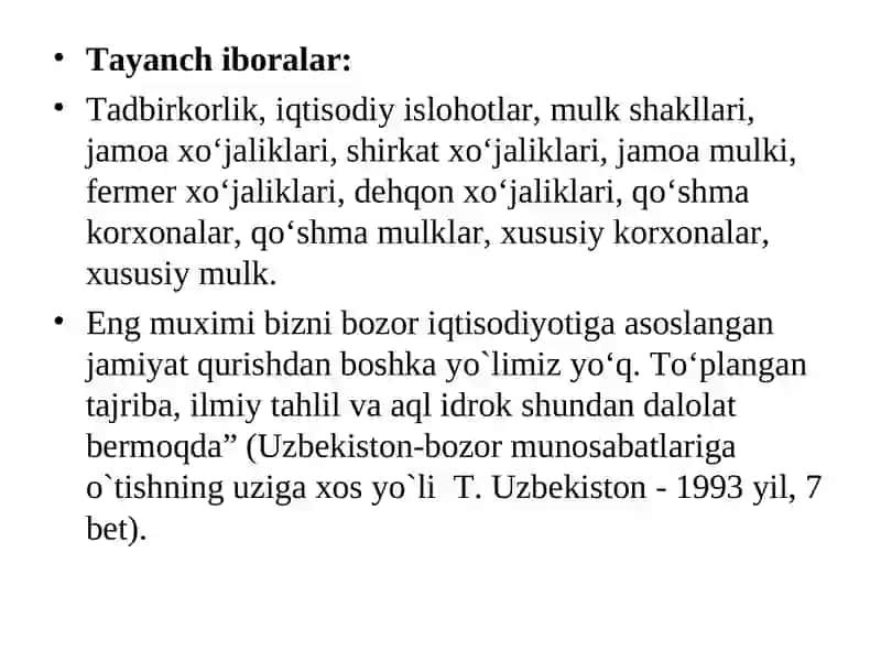 Bozor iqtisodiga o’tishda qishloq xo‘jaligiga davlat rahbarligi va amalga oshirilayotgan agrar-iqtisodiyislohotlar 2