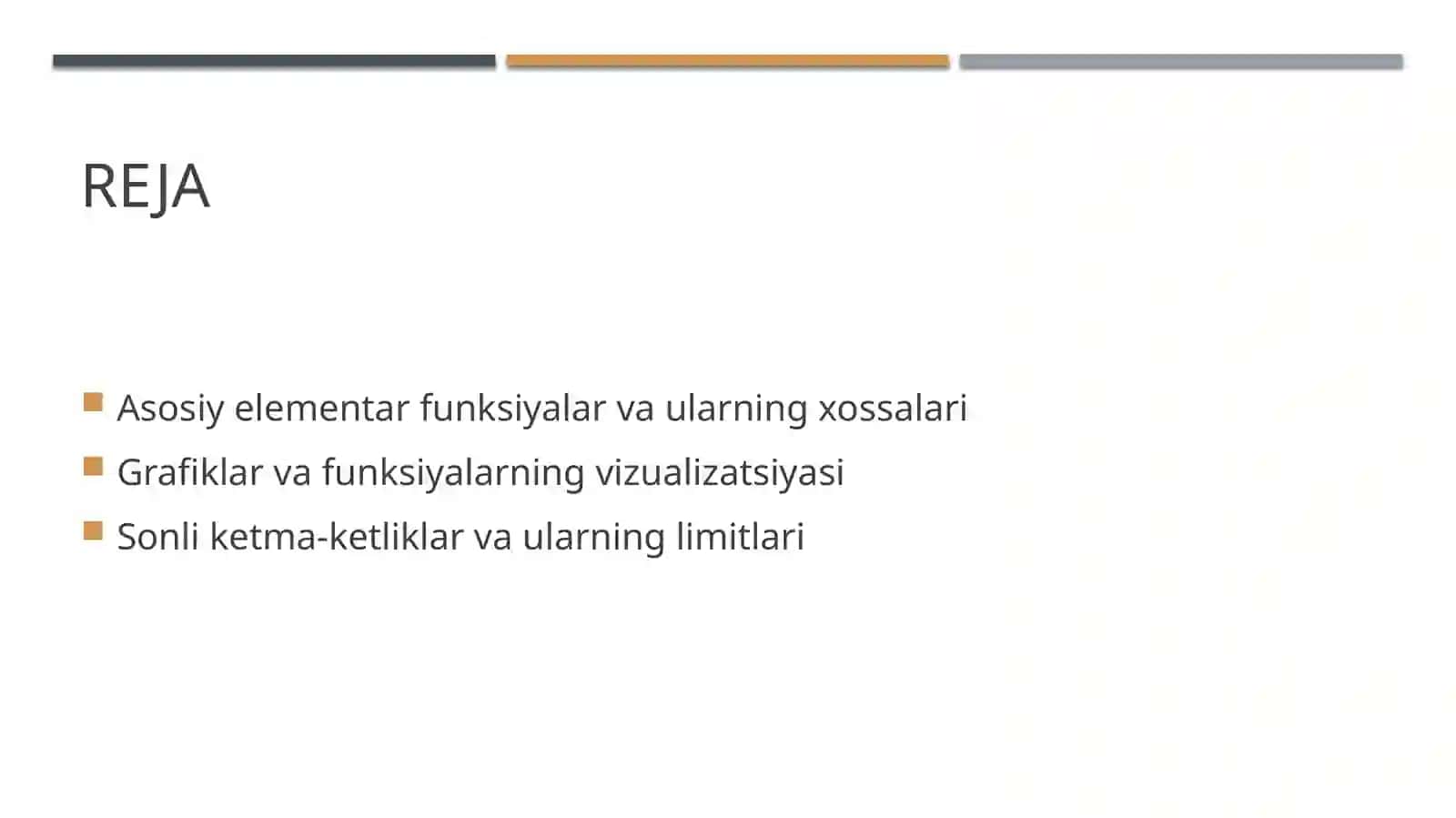 Asosiy elementar funksiyalar va ularning xossalari, grafiklari. Sonli ketma-ketliklar va ularning limiti. cheksiz kichik miqdorlar. Cheksiz katta miqdorlar. 2