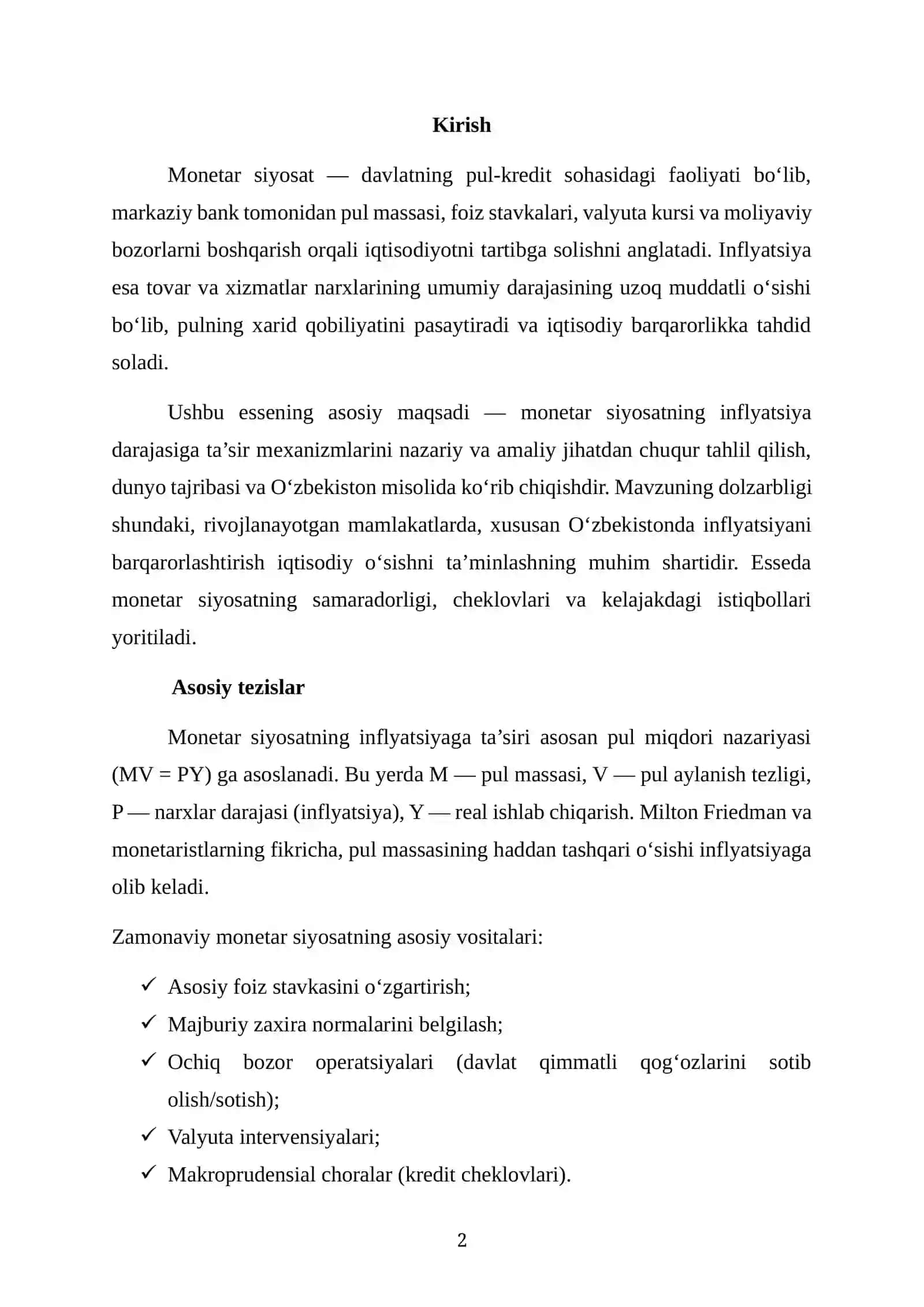 Monetar siyosatining inflyatsiya darajasiga tasiri. 2