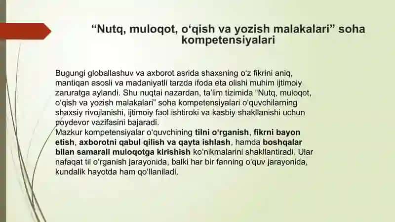 “Nutq, muloqot, o‘qish va yozish malakalari” soha kompetensiyalari taqdimot 2