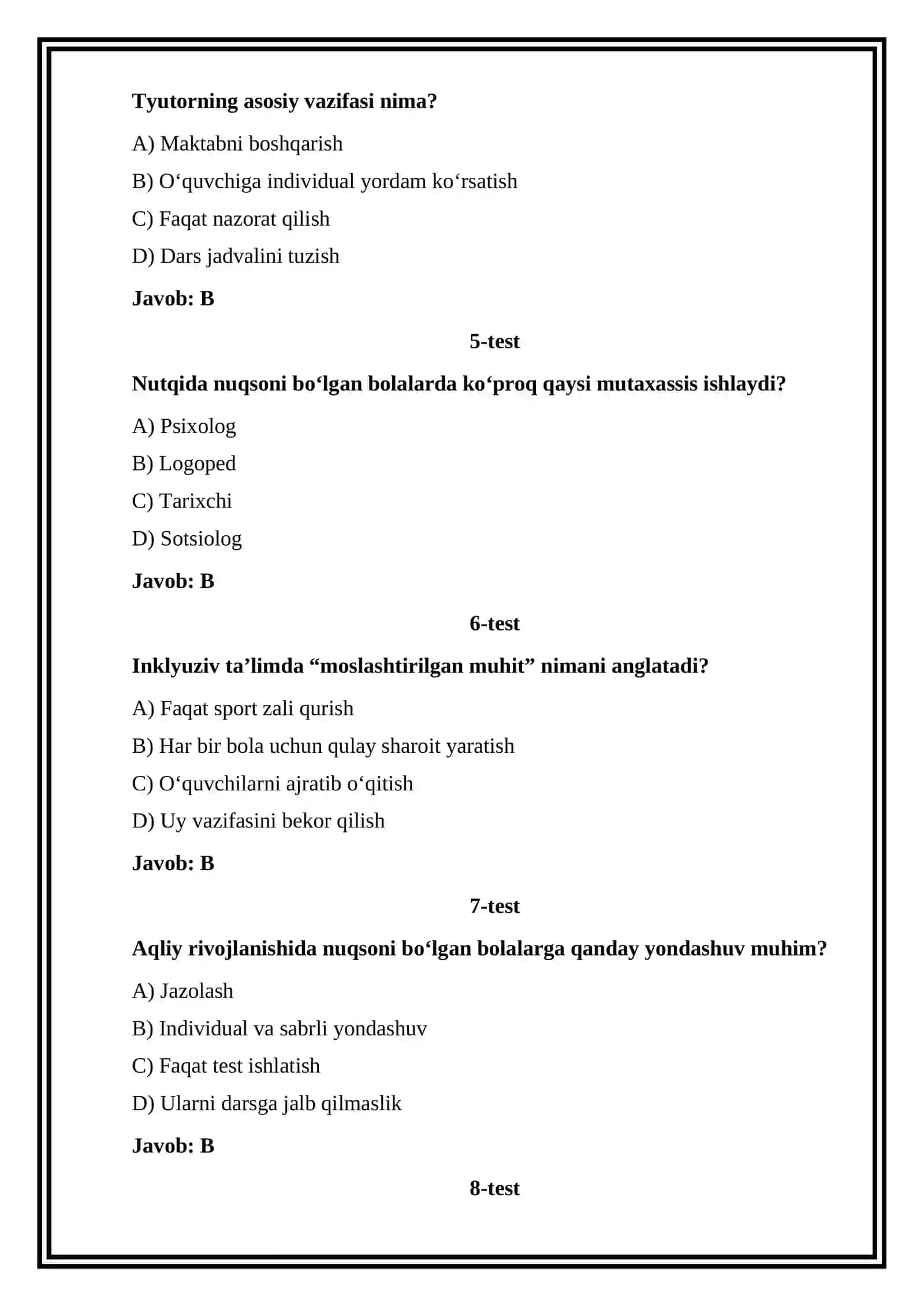 Aqliy rivojlanishi, eshitish, ko‘rish, nutqida nuqsoni bor bolalar. Inklyuziv ta‘lim, inklyuziv ta‘lim sharoitida tyutorlik amaliyotini tashkil etish. Kasbiy yetuklik va pedagogning o‘z-o‘zini rivojlantirishi 2