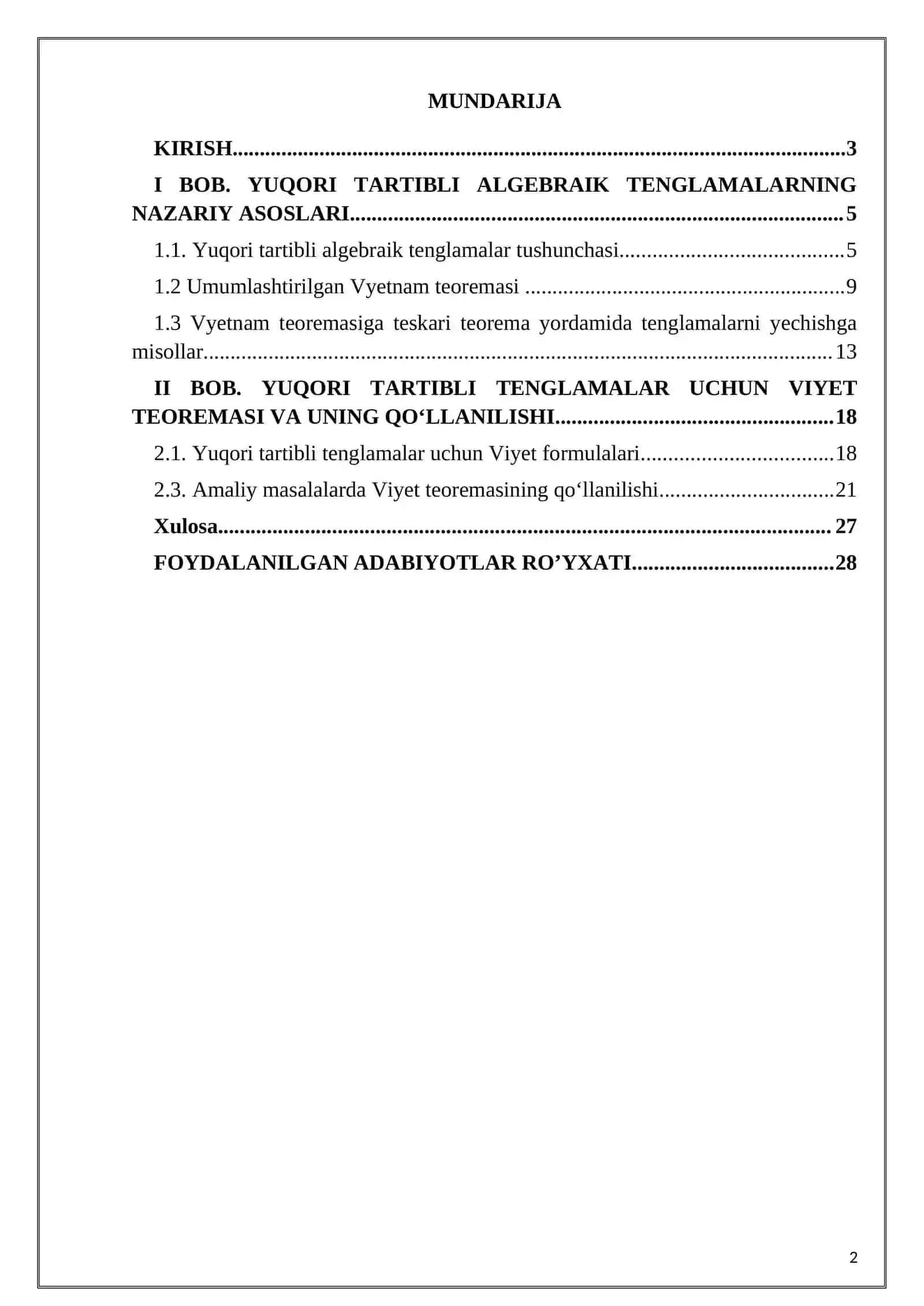 Yuqori tartibli tenglamalar uchun Viyet teoremasi 2