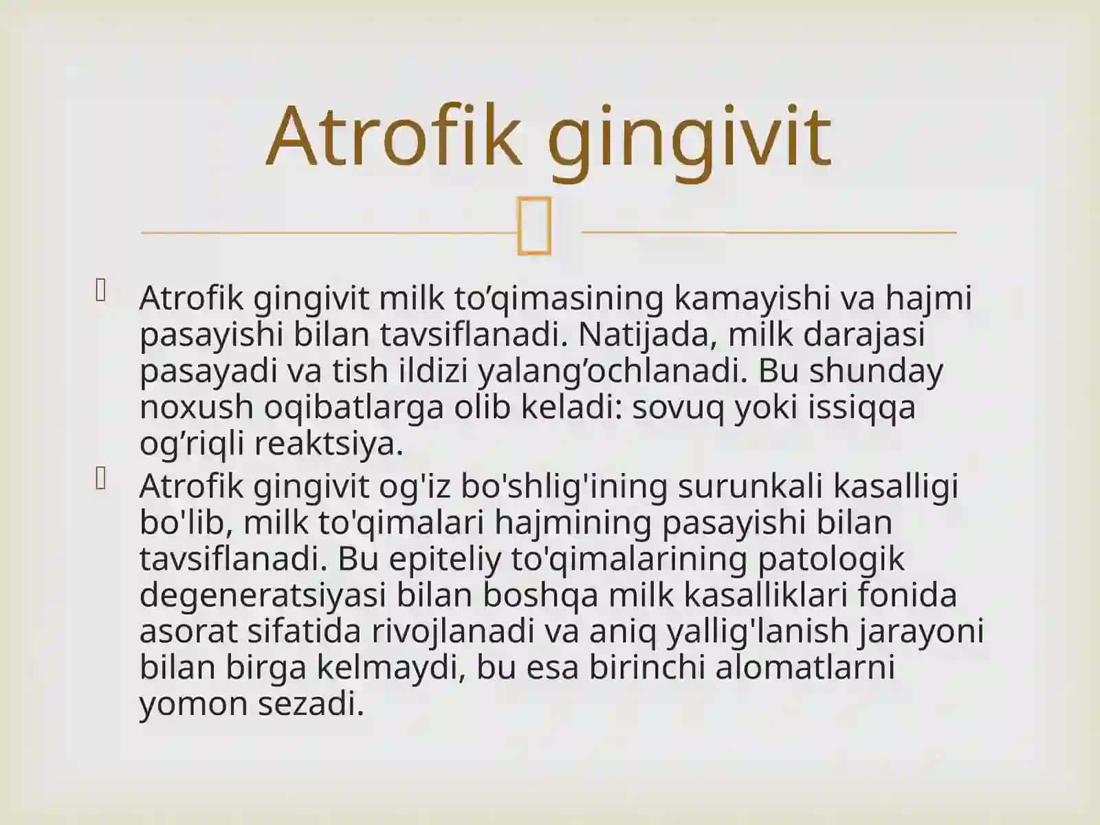 Atrofik gingivitni klinikasi,diagnostikasi, qiyosiy tashxisi, davolash, profilaktikasi. Kasallik tarixini yozish. Kasallik tarixini yozish. 2