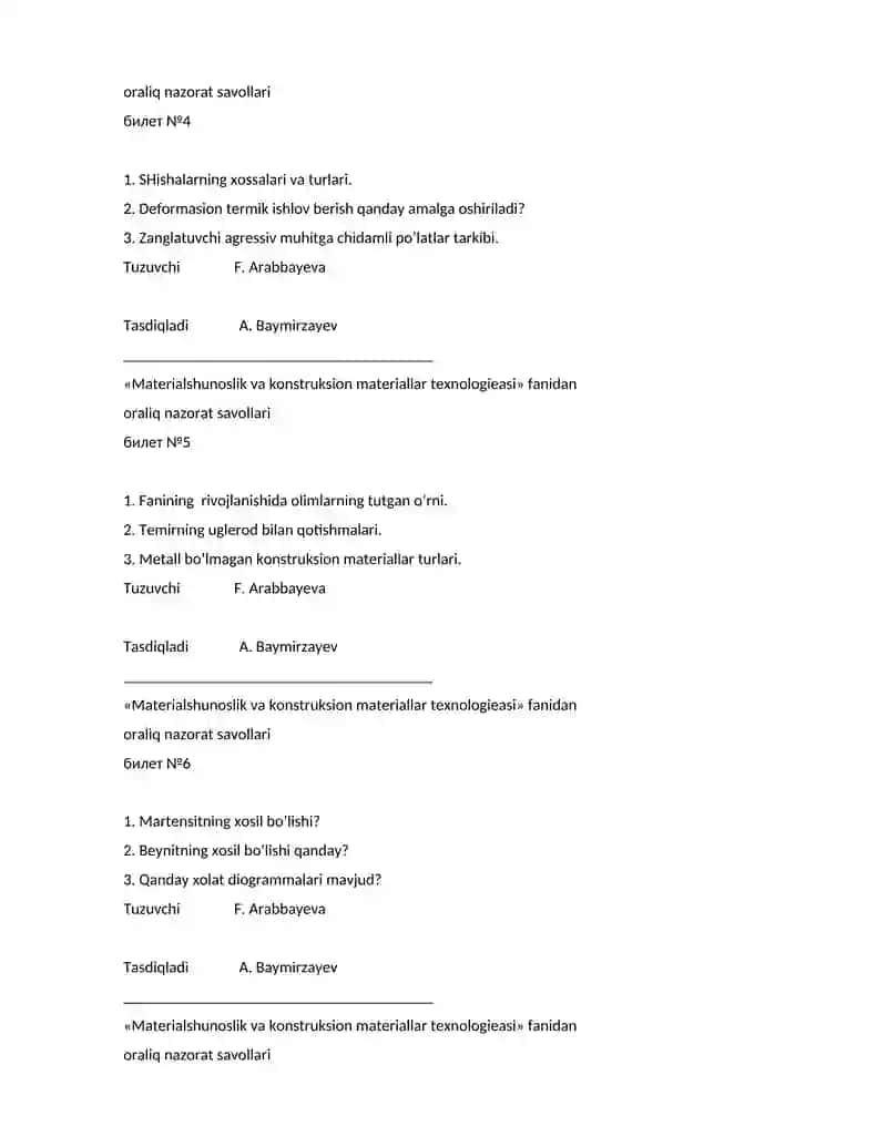 Materialshunoslik va konstruksion materiallar texnologieasi fanidan oraliq nazorat savollari 2