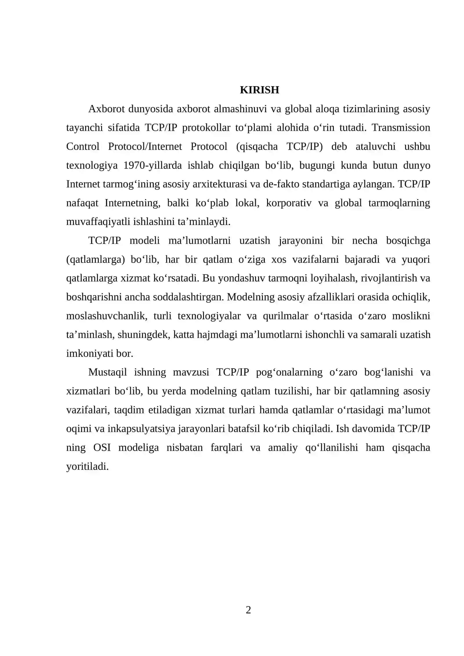 TCP/IP pog’onalarning o’zaro bog’lanishi va xizmatlari 2