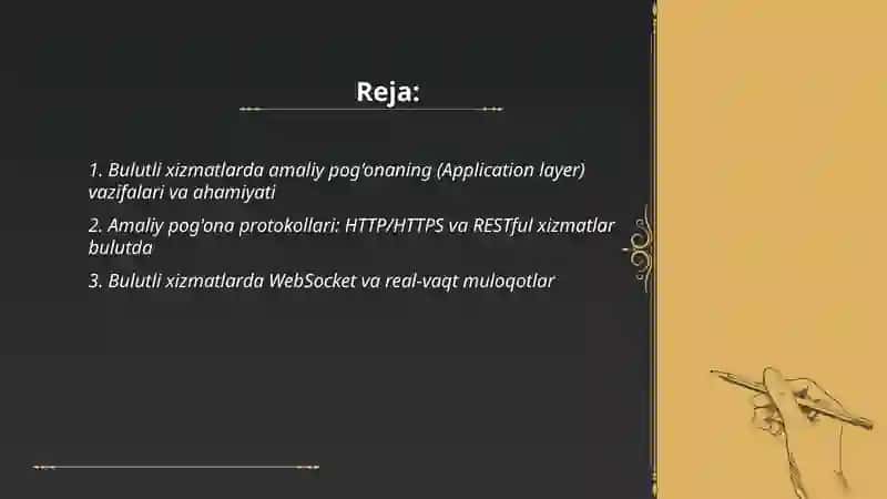 Bulutli xizmatlarda (Cloud Services) amaliy pog'onaning roli.CP va UDP protokollarining ishlash mexanizmlari. 2