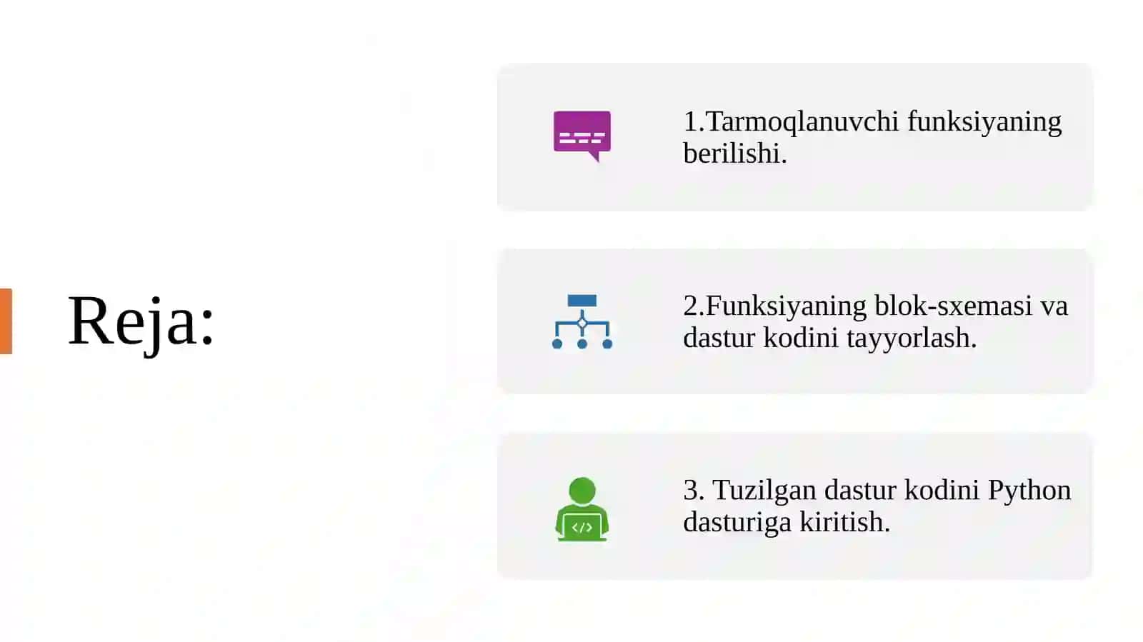 Qishloq xo’jaligida axborot kommunikatsion tizimlar fanidan MUSTAQIL ISHI Python dasturida tarmoqlanuvchi funksiyalarni yechish ketma-ketligi bo‘yicha hisobot tayyorlash Norboboyeva Mushtariy 2