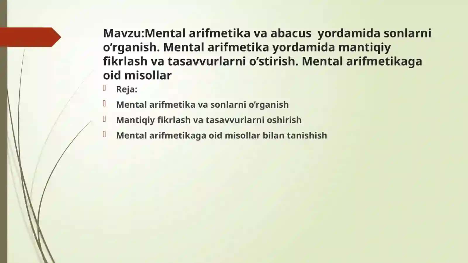 Mental arifmetika  va abacus yordmida sonlarni o'rganish.Mental arifmetikaga oid misollar 2
