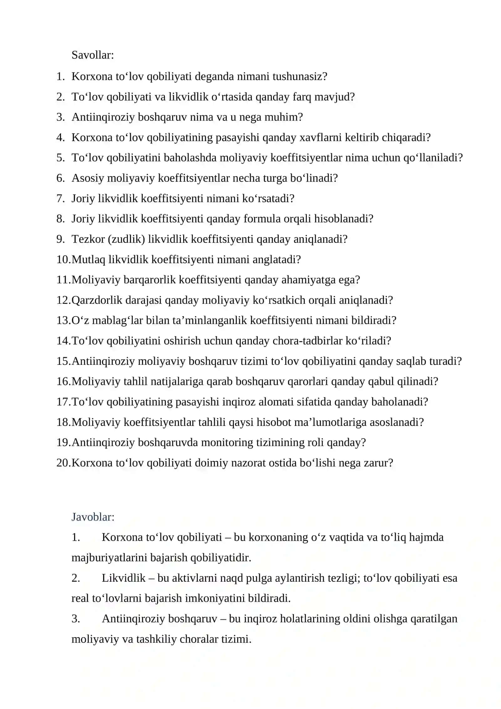 Antiinqiroziy moliyaviy boshqaruvda korxona to‘lov qobiliyati tushunchasi va uni aniqlashda moliyaviy koeffitsiyentlardan foydalanish 2