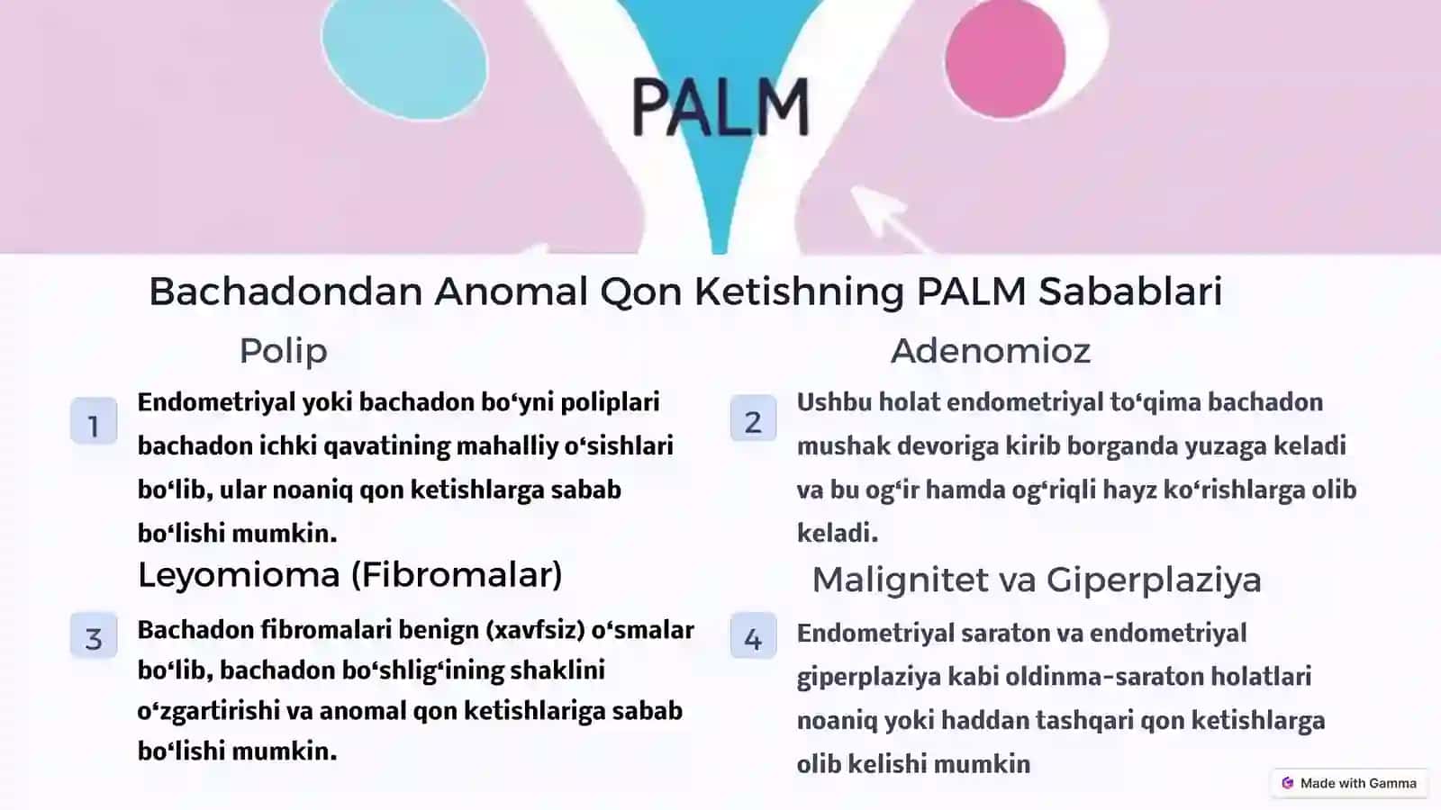 Bachadondan qon ketishining organik sabablari: PALM 2