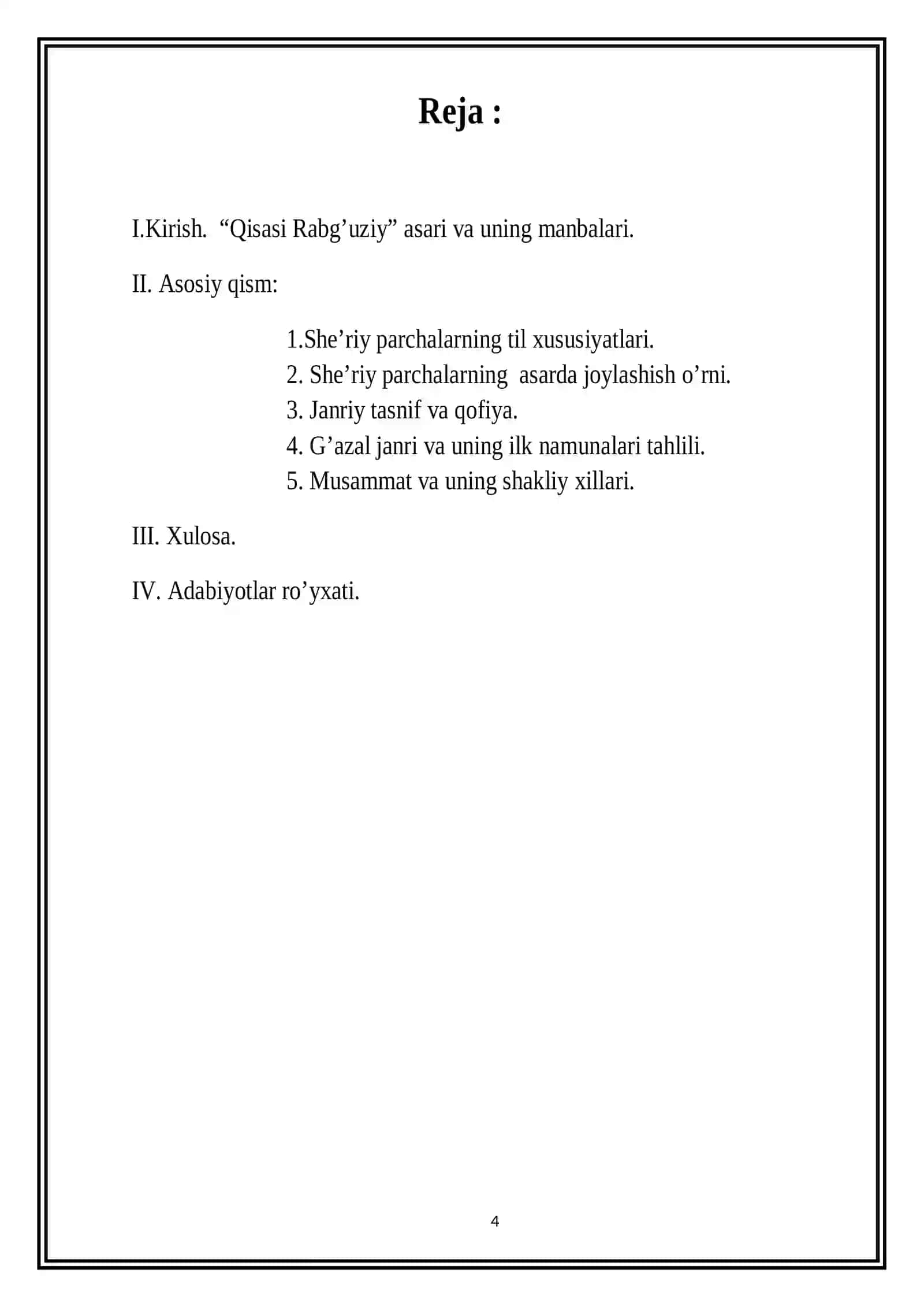 “QISASI RABG‘UZIY” ASARIDA NAZMIY PARCHALARNING AHAMIYATI” MAVZUSIDAGI KURS ISHI 2