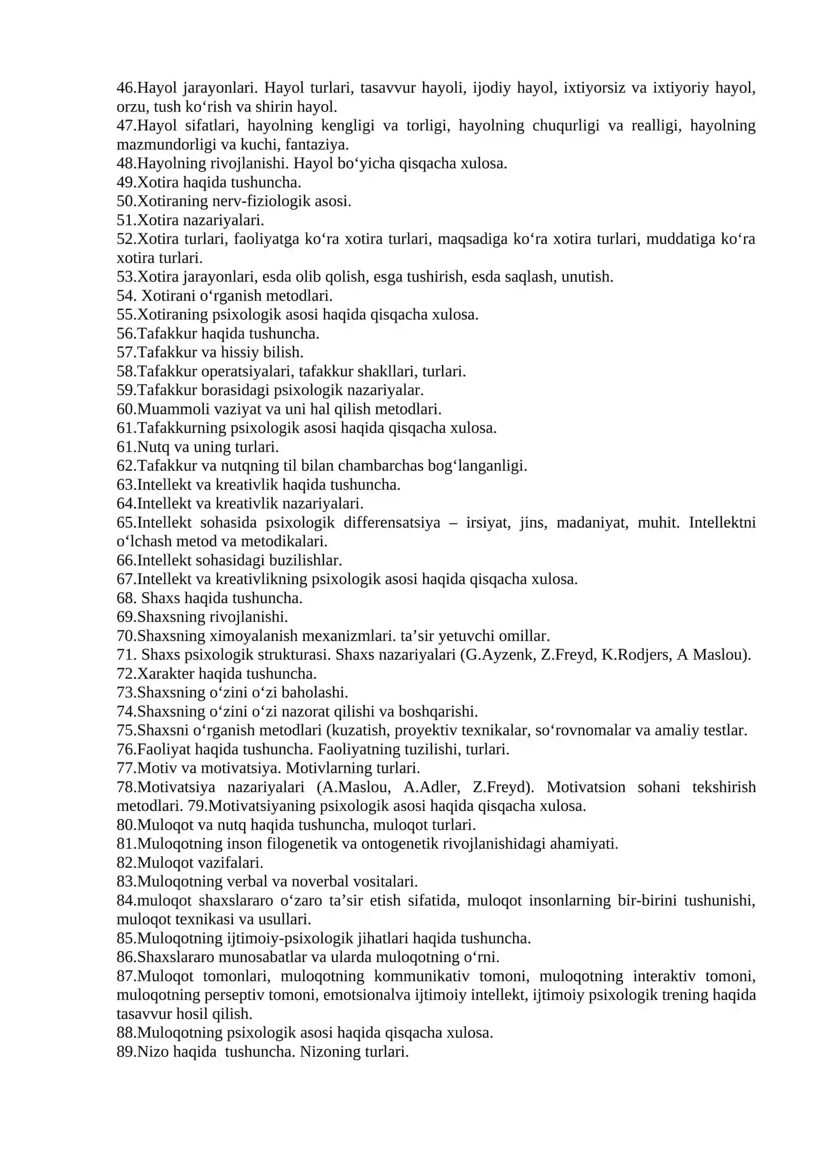 Umumiy psixologiya fanidan oraliq savollari 2