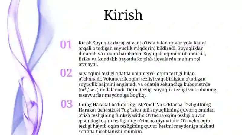 Suyuqlik Oqimi, Uning Harakat Kesimidagi Sarfi Va OʻRtacha Tezligi 2