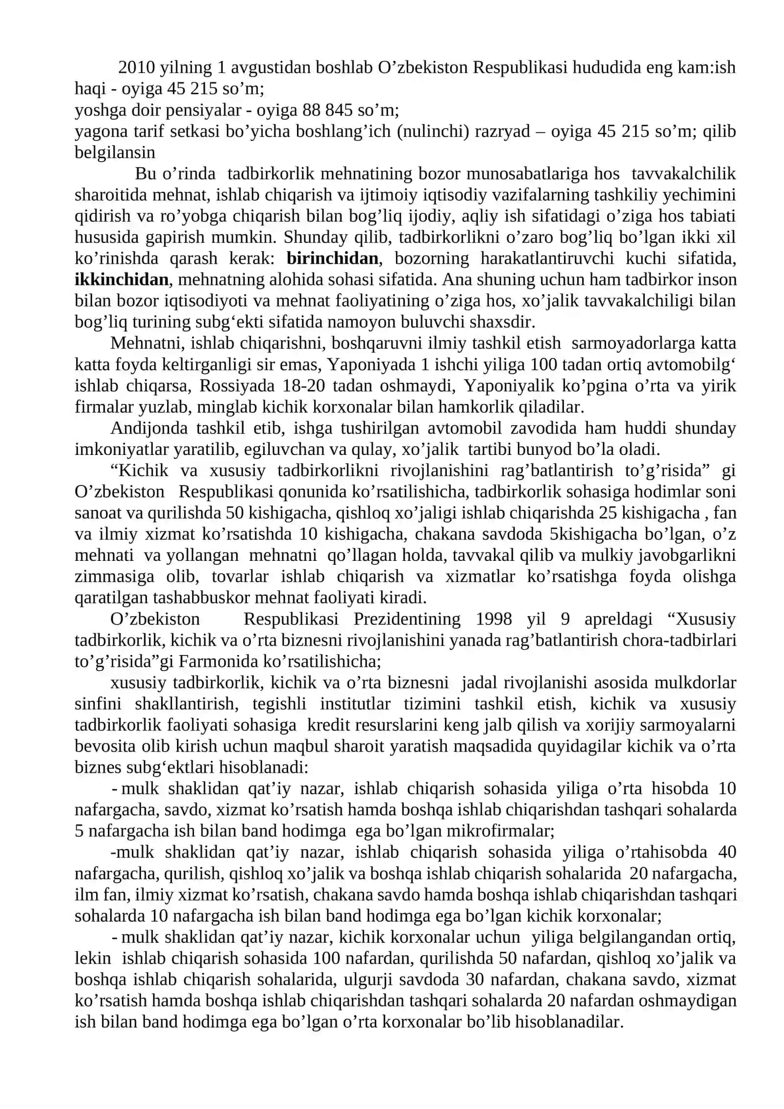 Korxona faоliyatida insоnning rоli. Kichik korxonalar 2