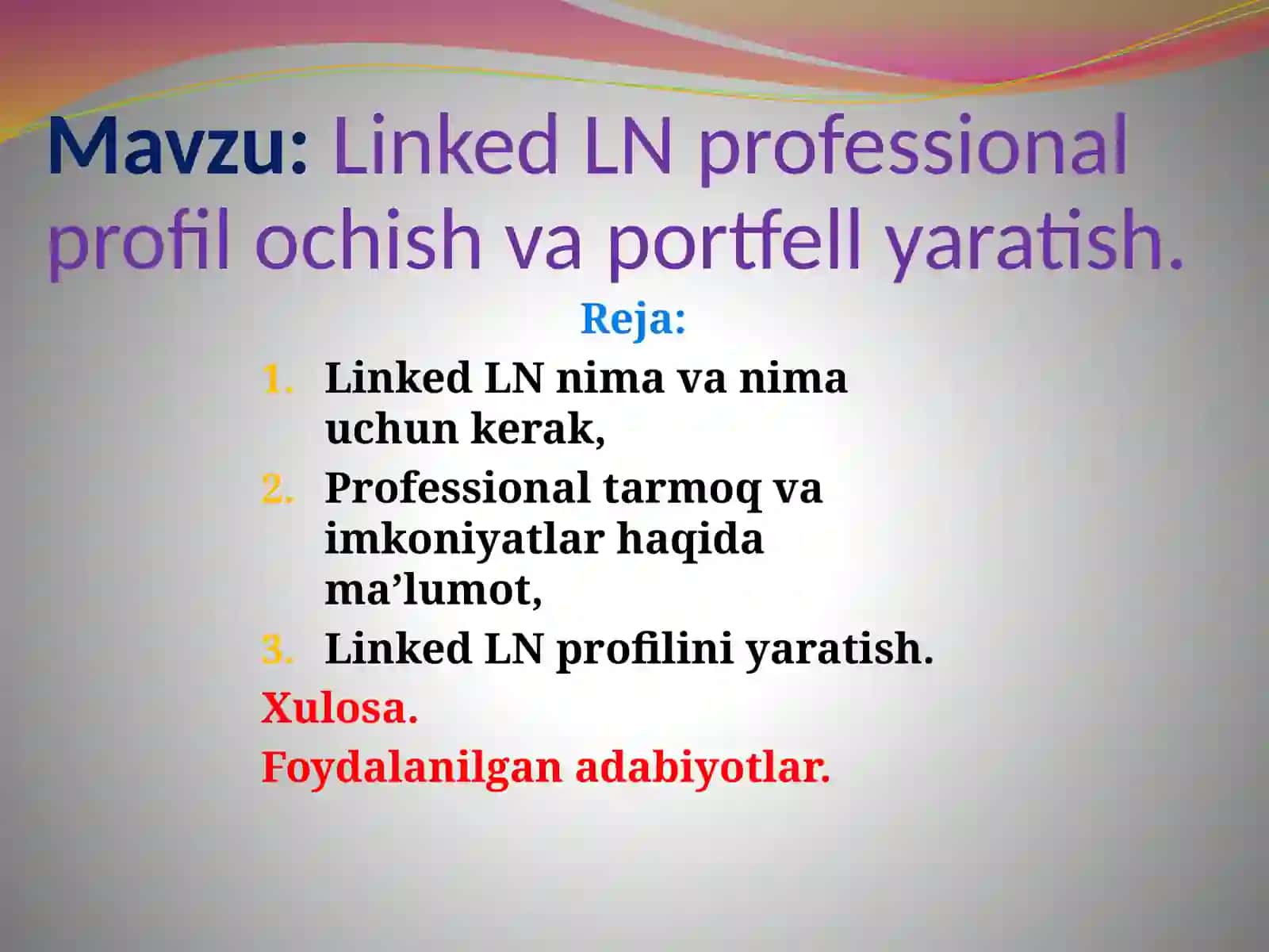 Linked LN professional profil ochish va portfell yaratish mavzusida tayyor slayd taqdimoti. 2