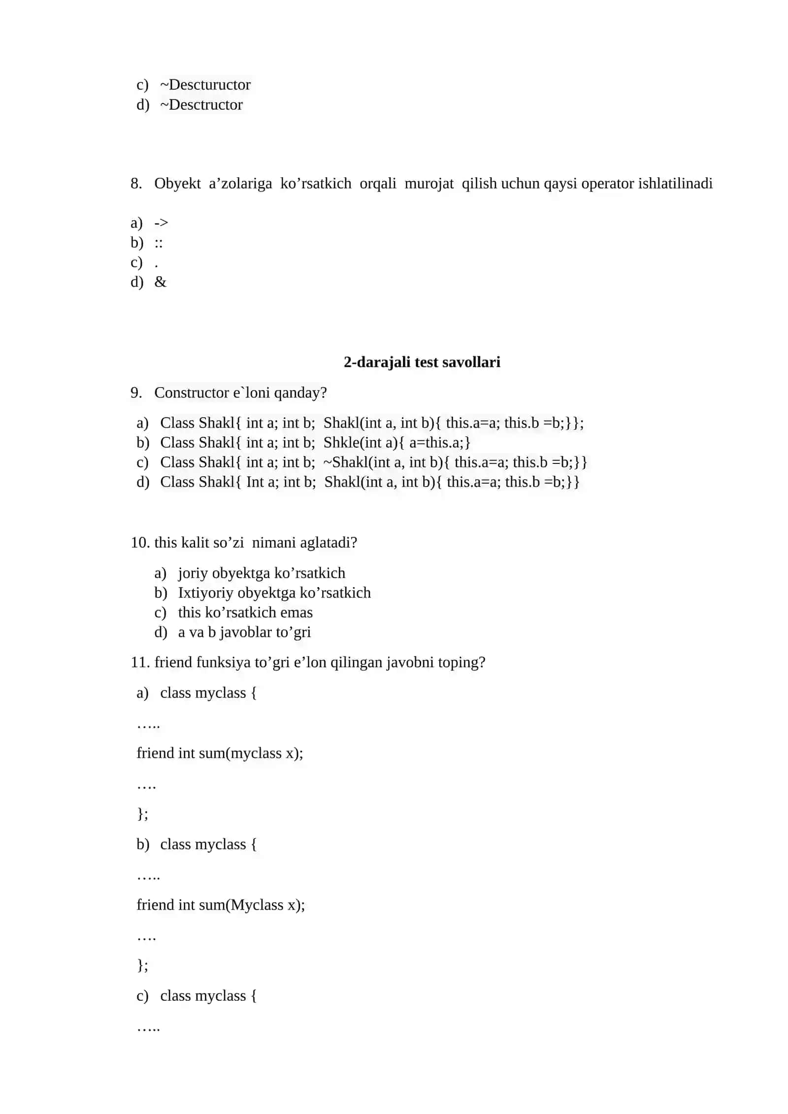 DASTURLASH TILLARI UCHUN TEST SAVOLLARI 2