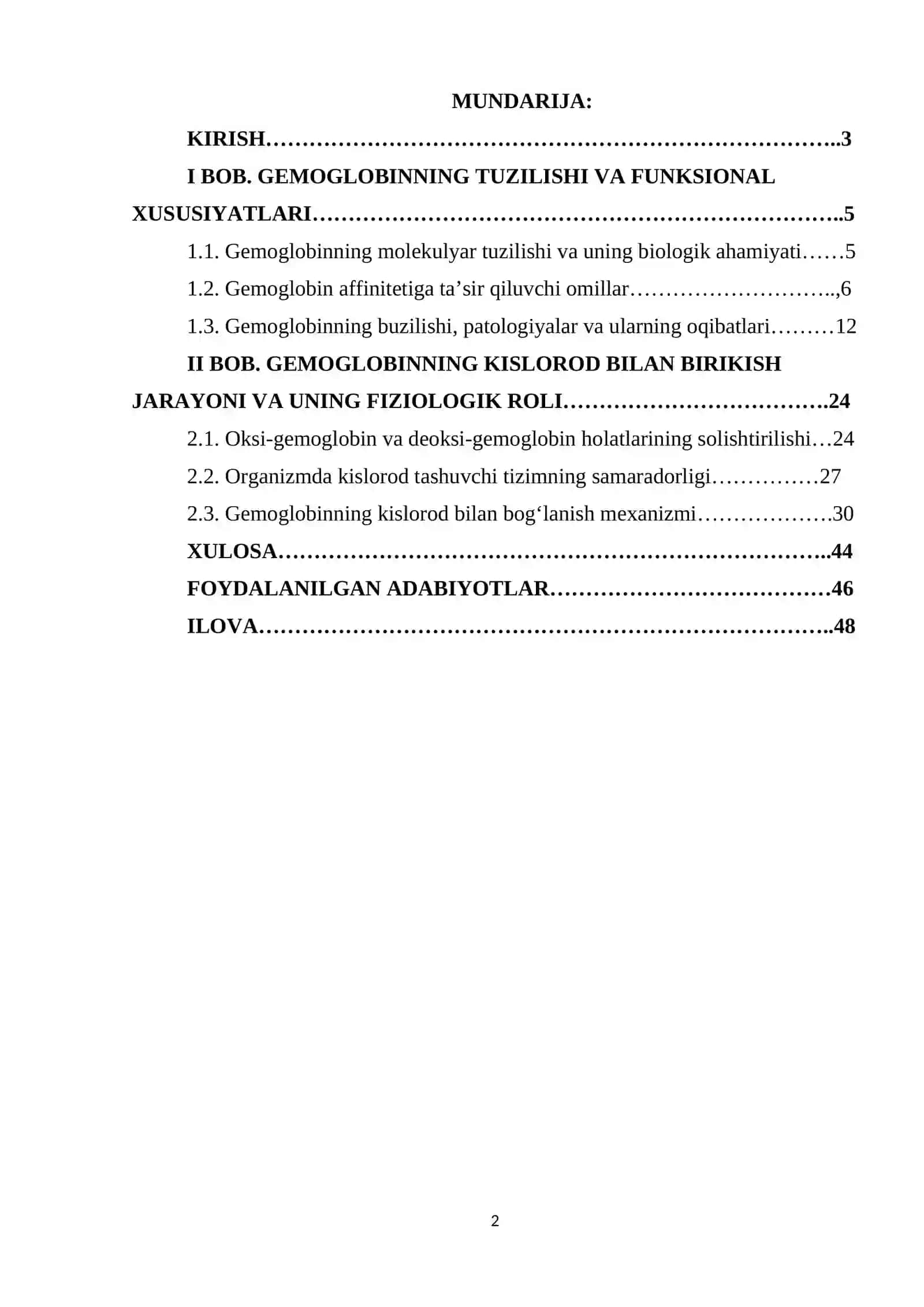 "GEMOGLOBINNING KISLOROD BILAN BIRIKISHIİ" MAVZUSIDAGI KURS ISHI 2