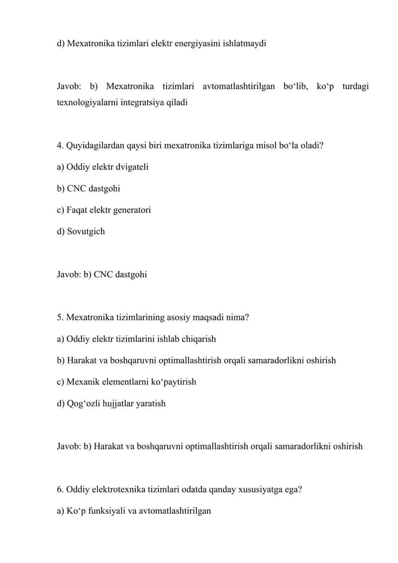 Mexatronika va elektronika test savollari javoblari bilan 2