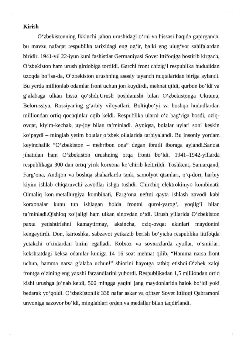 O‘zbekistonning Ikkinchi jahon urushidagi o‘rni va hissasi 2