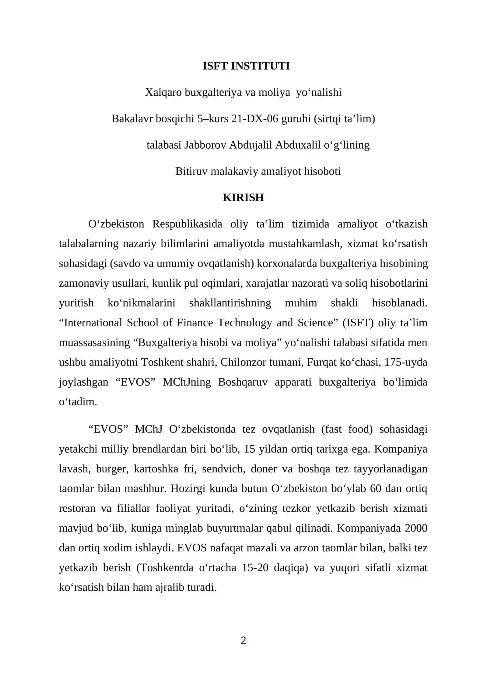 EVOS. BUXGALTERIYA BOLIMIDA. Bitiruv Malakaviy Amaliyot Hisoboti 2