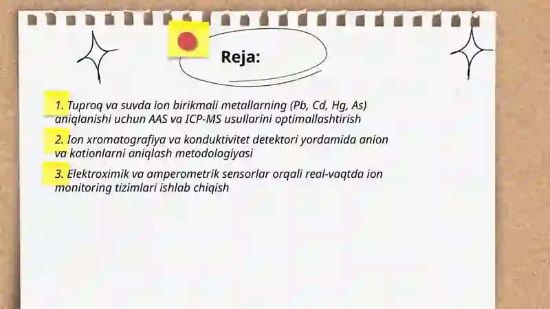 Tuproq va suvning ifloslanishida ion birikmali moddalarni aniqlash va tozalash usulini ishlab chiqish 2