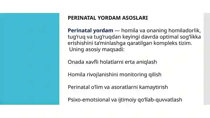 Perinatal yordam asoslari Antenatal parvarish. Homiladorlarni tekshirish usullari Homiladorlikning e 2