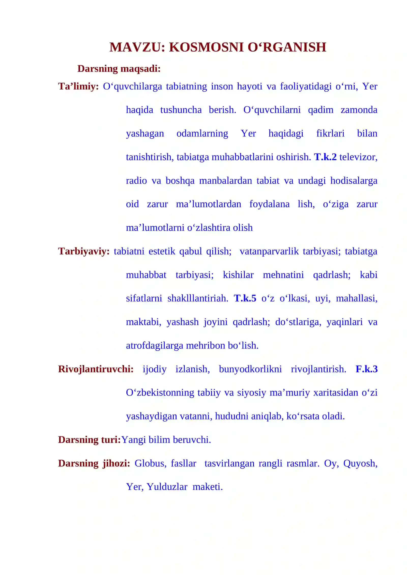 4-sinf Tabiiy fandan Kosmosni o'rganish 4-chorak dars ishlanmasi 2