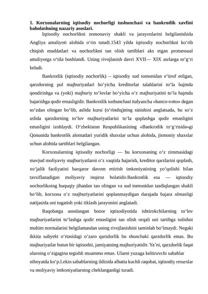 Korxonalar iqtisodiy nochorligi (bankrotligi)ni baholash va tahlil qilishning axborot manbalari va ko‘rsatkichlar tizimi 2