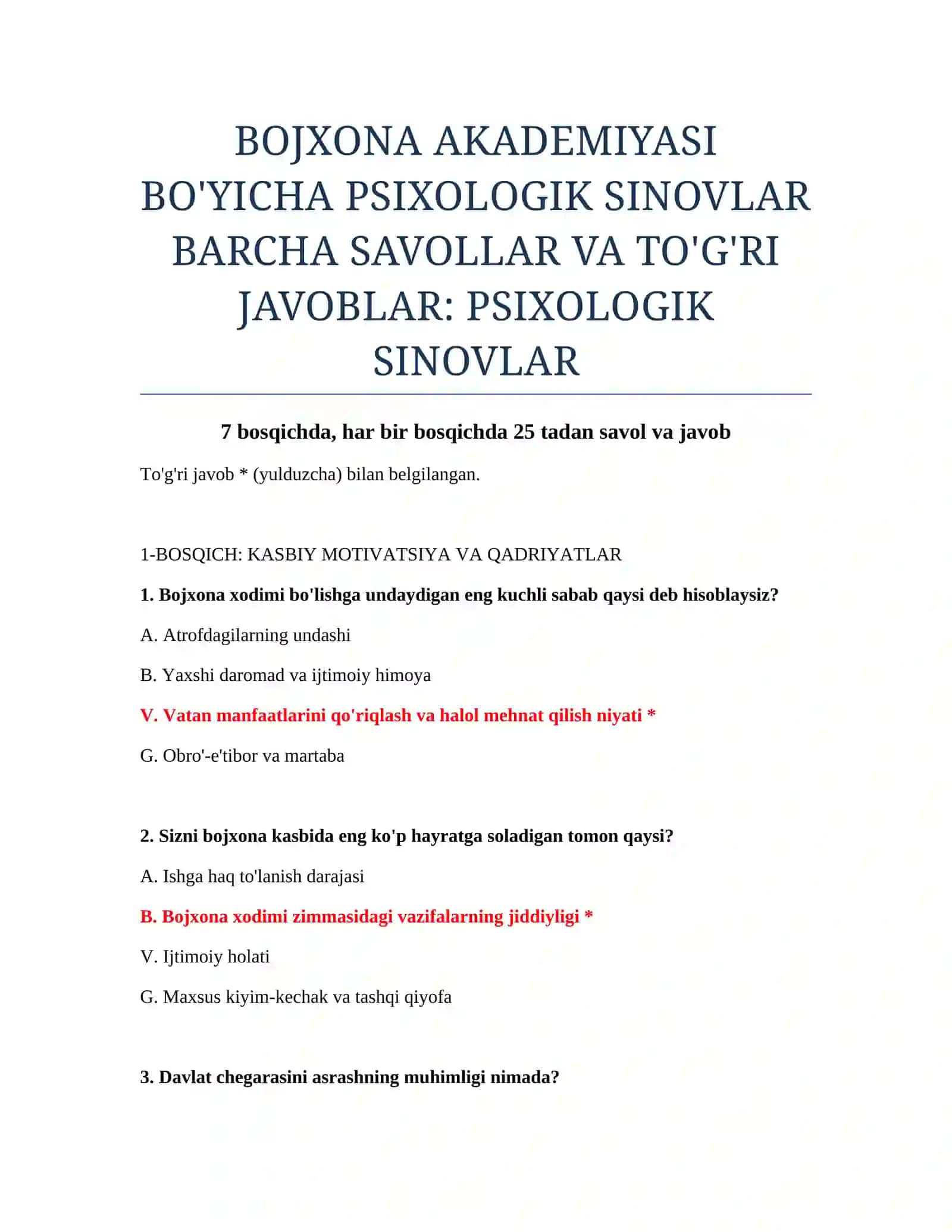 BOJXONA AKADEMIYASI BO'YICHA PSIXOLOGIK SINOVLAR 2
