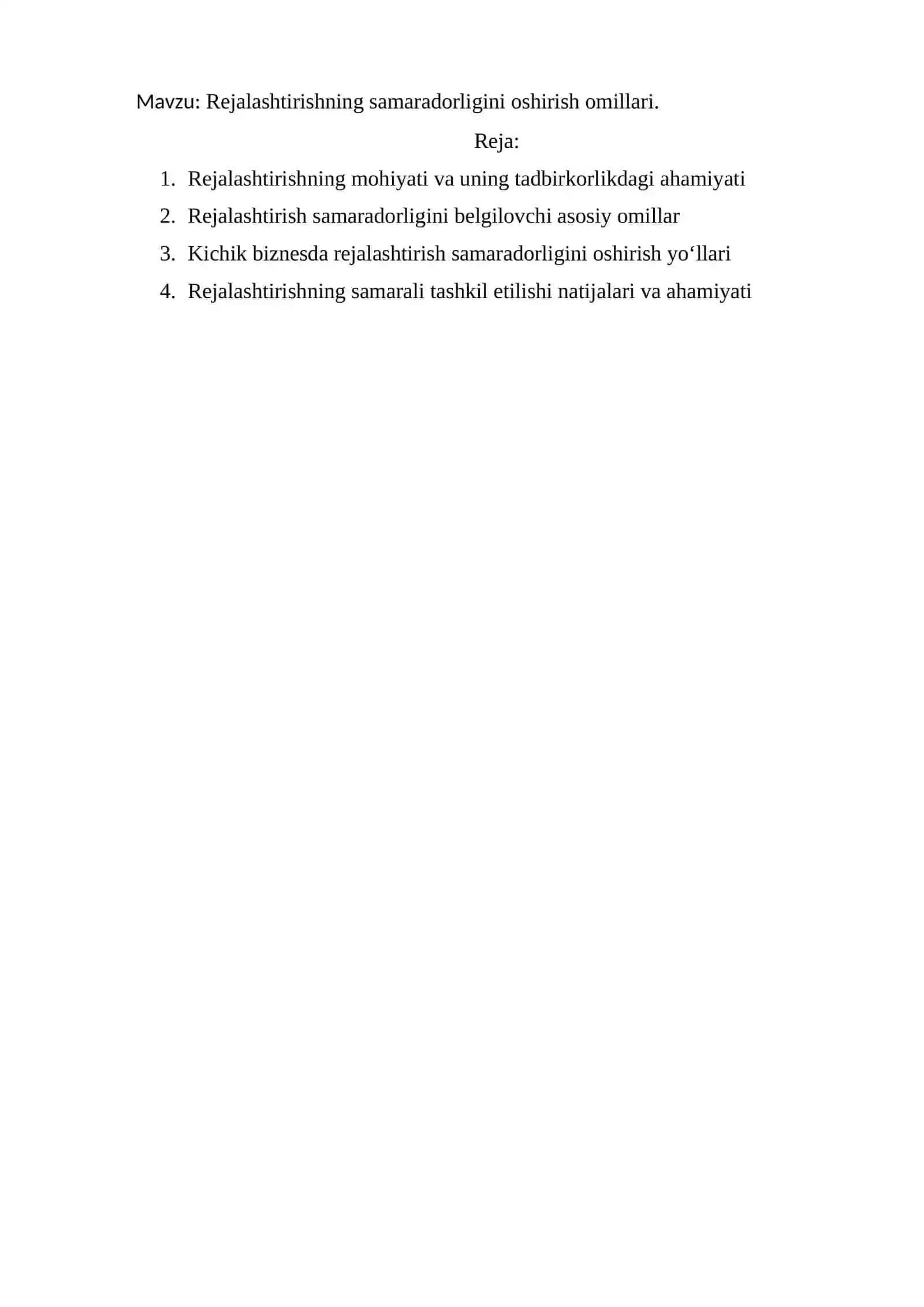 Rejalashtirishning samaradorligini oshirish omillari. 2