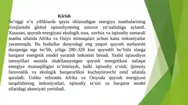 Quyosh energiyasining tarqalishi Afrika va Osiyo uchun iqtisodiy model 2