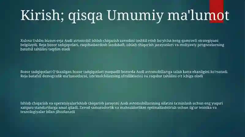 Audiy Avtomobilini Ishlab Chiqarish BoʻYicha Biznes Reja 2