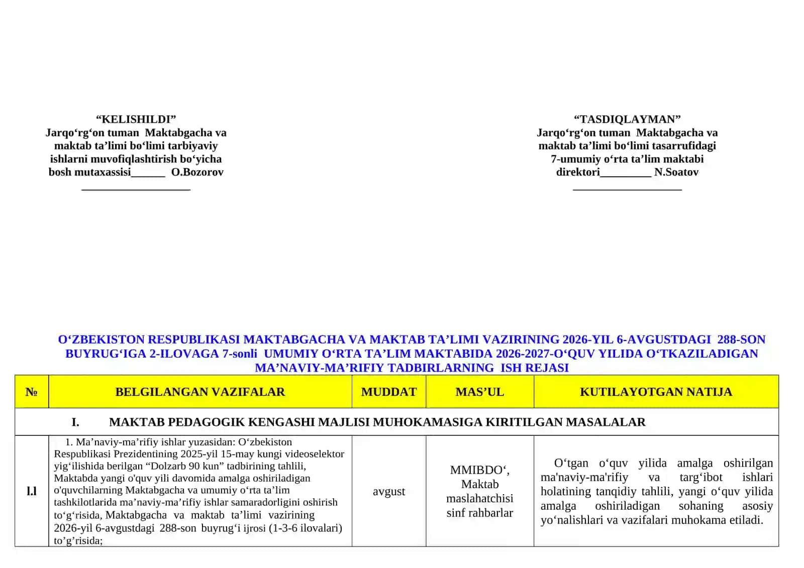 MMIBDO'ning  yillik  ish rejasi  2026-2027 o'quv yili uchun 2