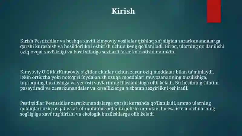 Kimyoviy OʻGitlar, Pestitsidlar Va Boshqa Zararli Kimyoviy Moddalardan Foydalanish 2