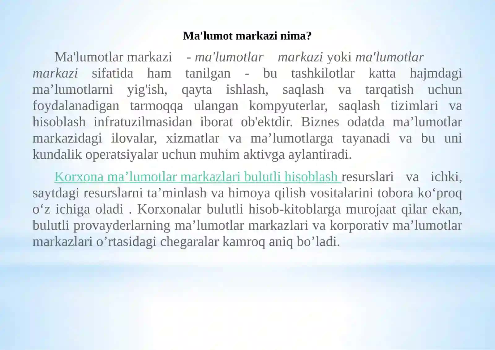 Bulut texnologiyasi asosida yaratilgan ma’lumotlarni qayta ishlash markazlarini 2