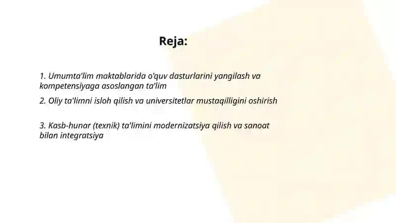 Õzbekiston Respublikasida ta'lim sohasida amalga oshirilgan islohotlar 2