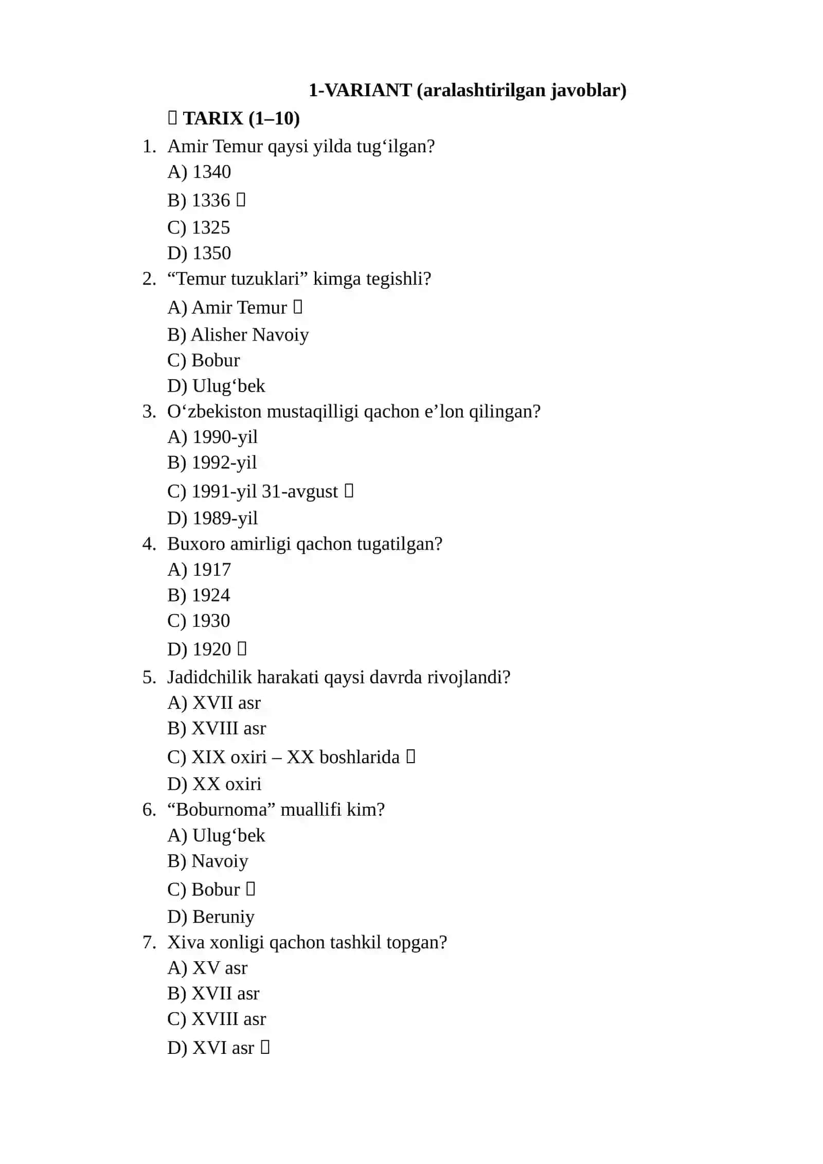 ICHKI ISHLARGA KIRUVCHI NOMZODLAR UCHUN TARIX, TARBIYA VA HUQUQ FANIDAN NAMUNAVIY TEST 2