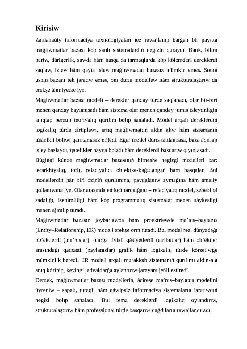 Maǵlıwmatlar bazası modellеri hám ma’nıs–baylanıs modeli 2