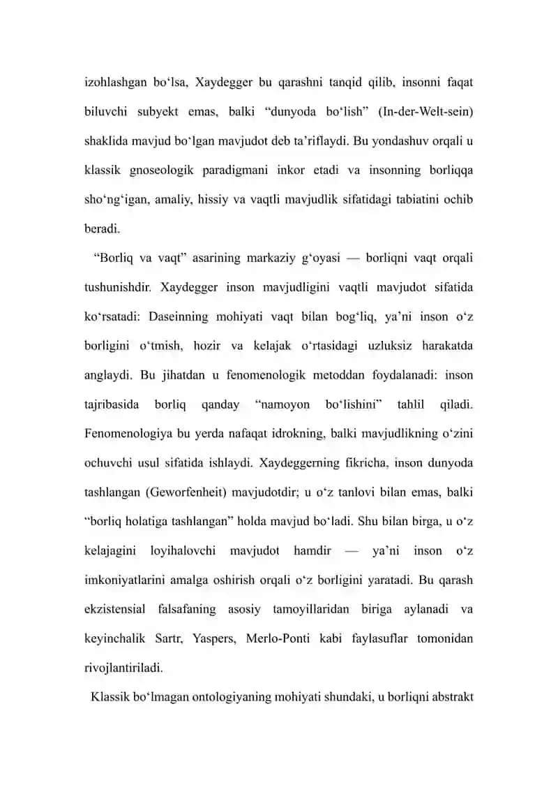 MAVZU: KLASSIK BO‘LMAGAN ONTOLOGIYANING YO‘NALISHLARI VA MOHIYATI (M. XAYDEGGERNING “BORLIQ VA VAQT” 2