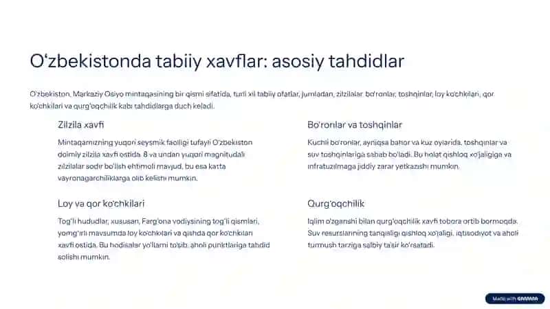 O‘zbekistonda bo‘lishi mumkin bo‘lgan tabiiy xavflar va ularda muhofaza tadbirlari. 2