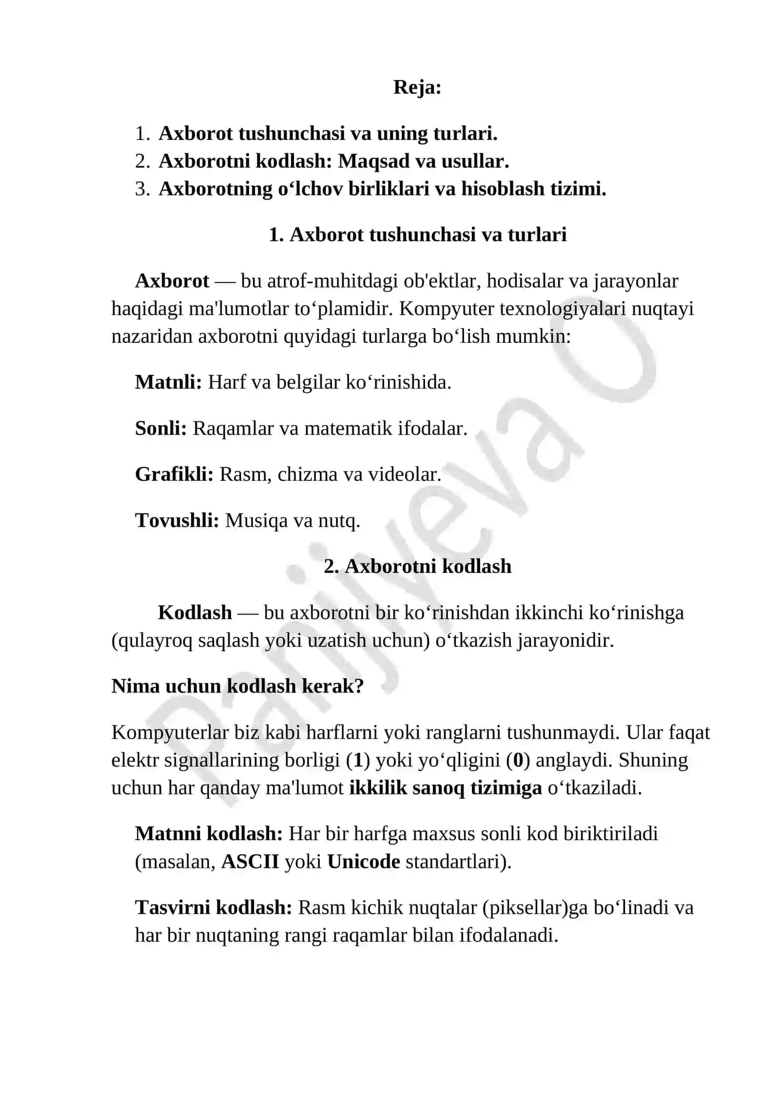 Axborot. Axborotni kodlash turlari. Axborot o`lchov birliklari 2