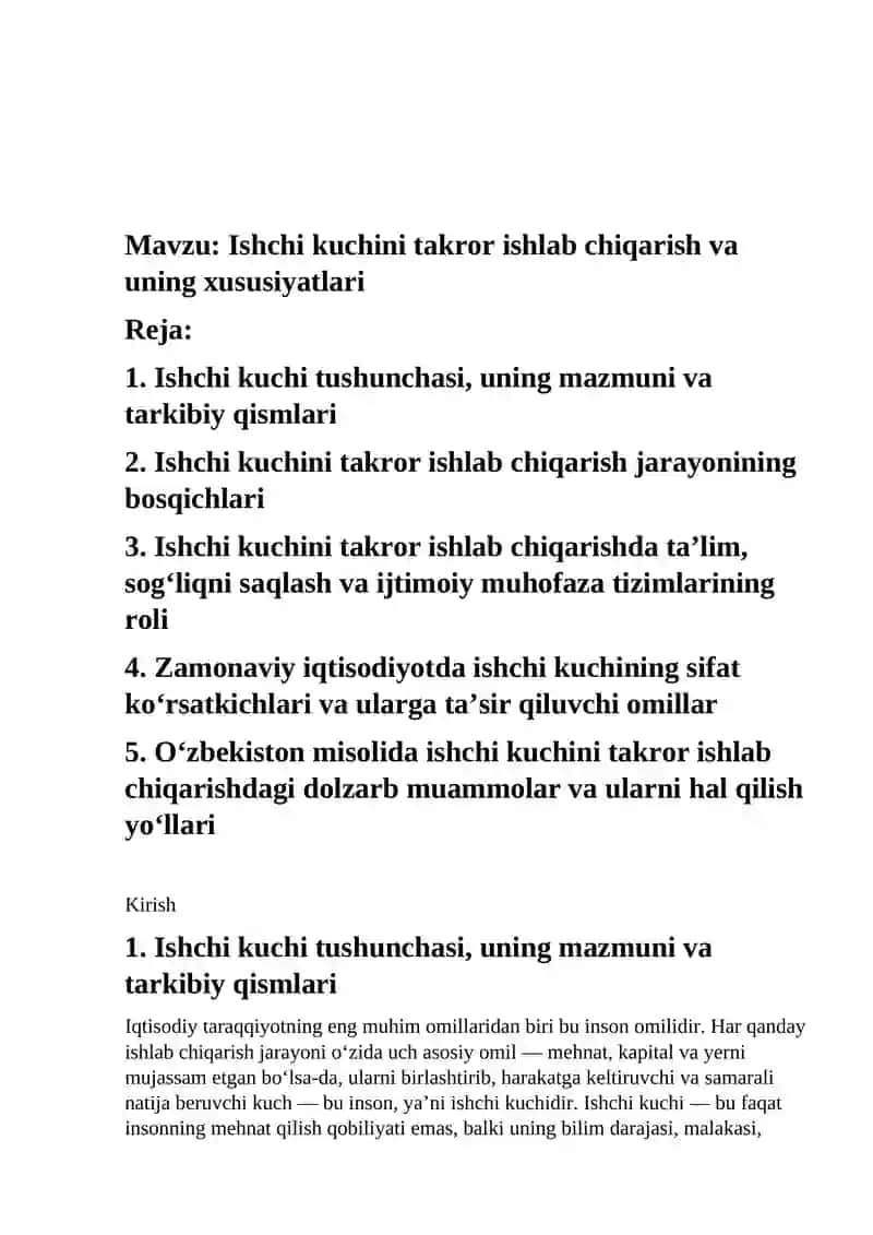 Ishchi kuchini takror ishlab chiqarish va uning xususiyatlari 2