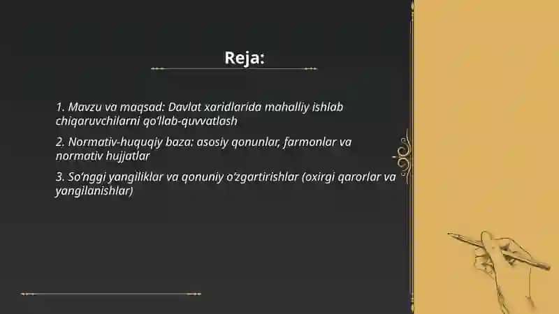 Davlat xaridlarida mahalliy ishlab chiqaruvchilarni qo'llab-quvvatlashning normativ-huquqiy asoslari 2