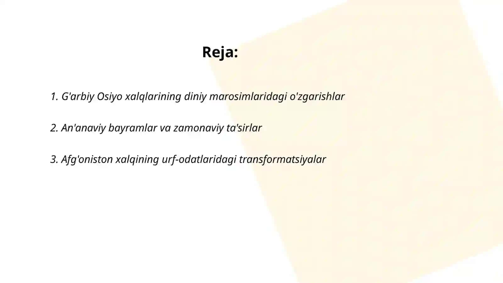 Ma’naviy madaniyatdagi transformatsiyalar (xalqlarning urf-odatlari va marosimlarida ro‘y bergan o‘zgarishlar xususida referat tayyorlash) G‘arbiy Osiyo xalqlari. Janubi-Sharqiy Osiyo xalqlari 2
