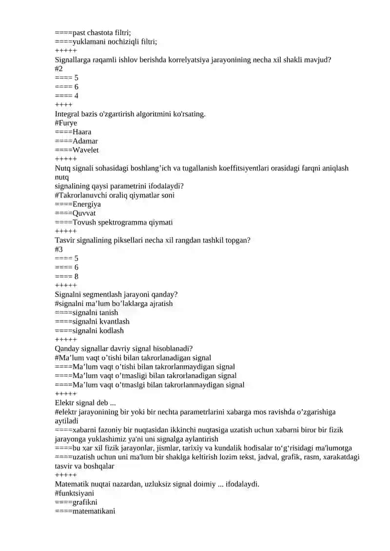 Tizimlar va signallarni qayta ishlash fanidan test savollari 2