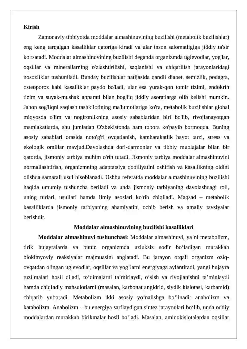 Moddalar almashinuvining buzilishi kasalliklari va davolash jismoniy tarbiyasi 2