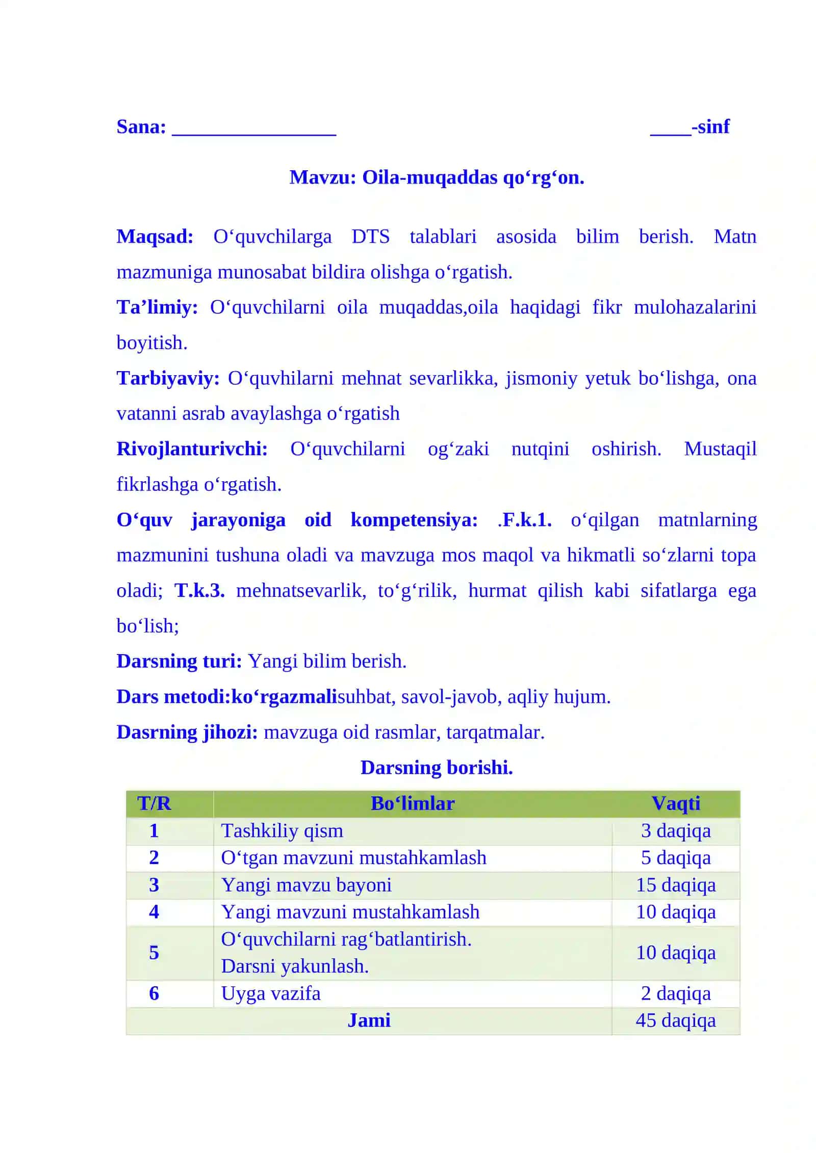 2-sinf o‘qish Oila muqaddas qo'rg‘on 3-chorak dars ishlanmasi 2