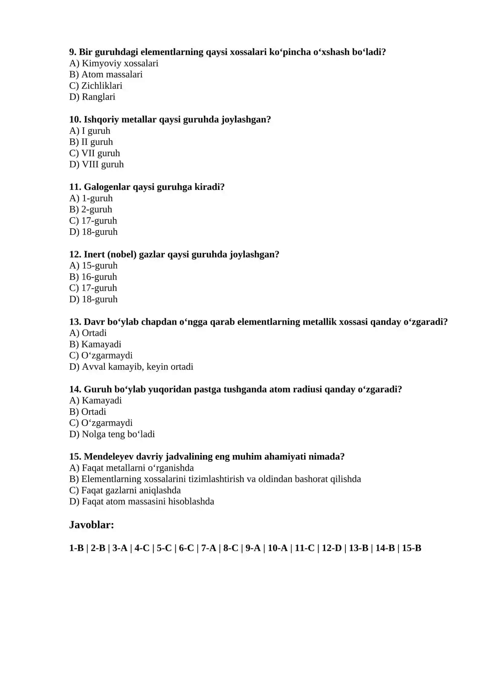 Kimyoviy elementlar davriy qonuni — 15 ta test 2