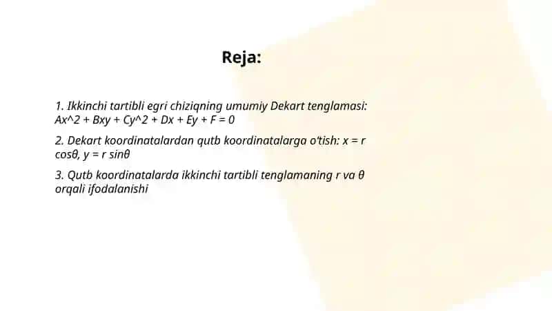 Ikkinchi tartibli egri chiziqning qutb koordinatalardagi tenglamalari va undan Dekart koordinatalar sisitemasiga o'tish 2